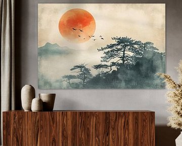 Asian zen landscape with orange sun by Vlindertuin Art