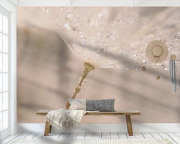 Soft calm pastel colours: Close-up of droplets on a fluff of a dandelion by Marjolijn van den Berg