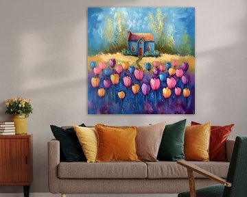 Chalet avec champ de tulipes sur Dakota Wall Art