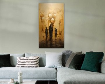 Moderne Kunst Surrealismus Menschen Schwarz Beige Gold Gefesselter Geist von Manipulationsmelodie