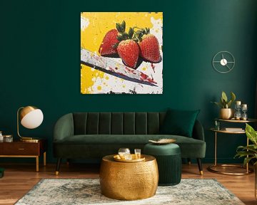 Strawberries with knife modern painting by Vlindertuin Art