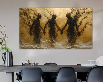 Abstracte kunst Vrouwenportret Brons Goud Beige Vastberadenheid voor verandering van Manipulatiemelodie