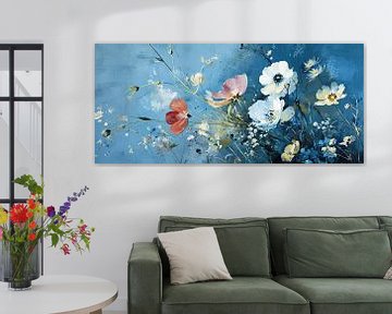 Blauwe Achtergrond | Bloemen met blauwe achtergrond van Blikvanger Schilderijen