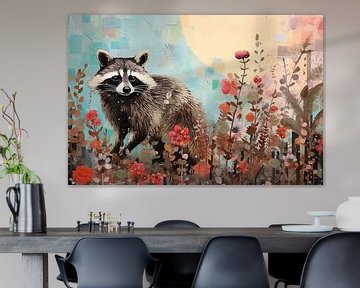 Raccoon in Sea of Flowers by De Mooiste Kunst