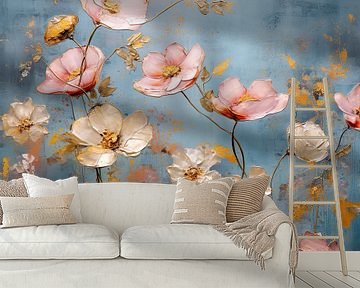 Modern abstracte weergave van bloemen in roze en blauw van Lauri Creates