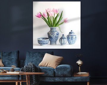 Pink tulips in blue vase still life by Vlindertuin Art