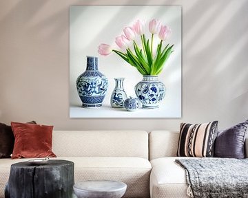 Delfter Blau Vase mit rosa Tulpen - Stillleben von Vlindertuin Art