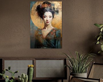 Abstract moderne afbeelding van een Geisha in oker en goud van Lauri Creates