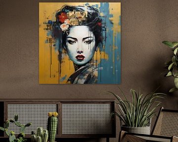 Geisha, modern abstract in goud en blauw van Lauri Creates