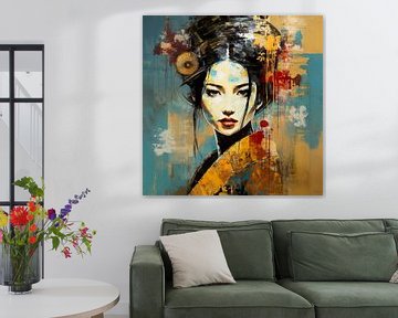 Abstract moderne Geisha in bordeaux rood en oker geel van Lauri Creates