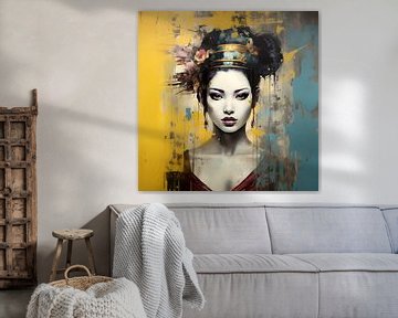 Portret van een aziatische vrouw in goud en blauw, abstract modern van Lauri Creates