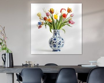 Delfts blauwe vaas met gemengd tulpen boeket - stilleven van Vlindertuin Art