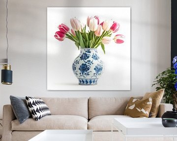 Boeket roze witte tulpen in Delfts blauwe vaas - stilleven van Vlindertuin Art