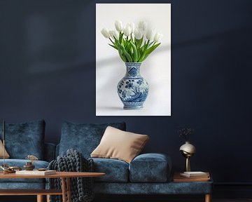 Stilleben mit weißen Tulpen in einer blauen Delfter Vase von Vlindertuin Art