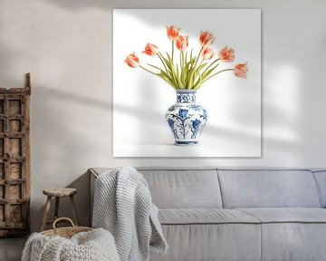 Zacht oranje tulpen in Delfts blauwe vaas - stilleven van Vlindertuin Art