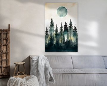 aquarel blauwe maan in het bos van haroulita