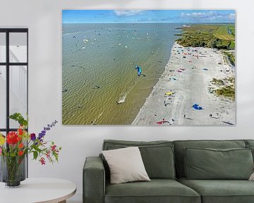 Aerial view of kite surfing at Workum beach in Friesland Netherlands on the IJsselmeer lake by Eye on You