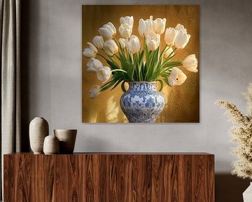 Weiße Tulpen in delfterblauer Vase - Stillleben von Vlindertuin Art