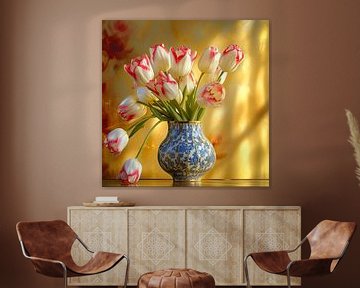 Tulpen boeket - stilleven - Delfts blauw van Vlindertuin Art