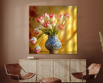 Tulpen boeket - stilleven - Delfts blauw van Vlindertuin-Art