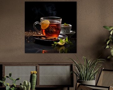 Cup of tea with ingredients closeup by TheXclusive Art