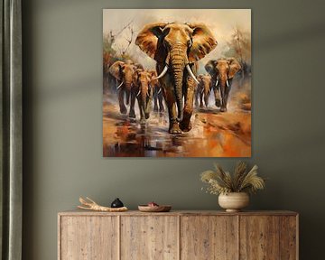 Troupeau d'éléphants - peinture à l'huile sur The Xclusive Art