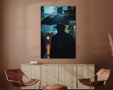 Man in the rain, mystical atmosphere