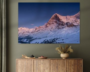 Kleine Scheidegg and mountain glow on the Eiger after sunset in winter