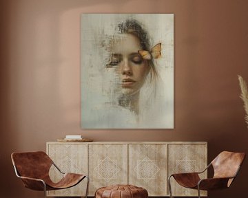 Modern and abstract portrait of a young woman with a butterfly by Carla Van Iersel