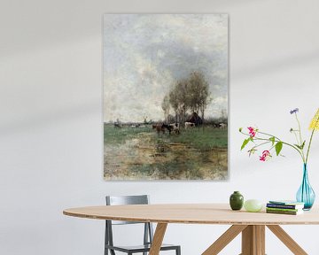 Cows in an open meadow landscape in front of a thatched farmhouse and a mill by Affect Fotografie