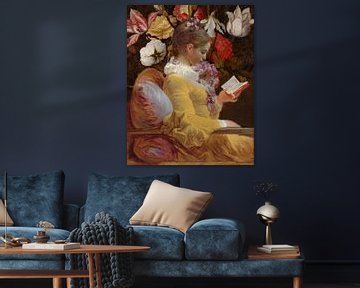 Lezend meisje, Jean-Honoré Fragonard - stilleven bloemen van Digital Art Studio