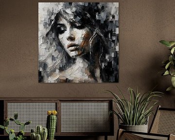 Portret zwart wit bruin olieverf van FoXo Art