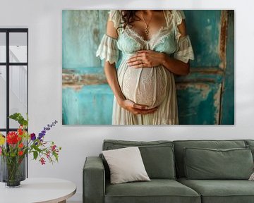 Junge Frau hält ihren schwangeren Bauch an einer Blauen Wand von Animaflora PicsStock