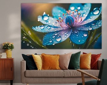 Blauwe bloem met regendruppels van Mustafa Kurnaz