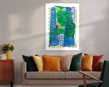 praatstok, kleurrijke print met blauw en groen van mariska eyck