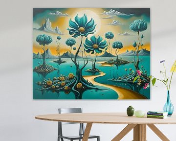 Surrealistisch landschap, Dali stijl, bloemen en water van Betty Maria Digital Art