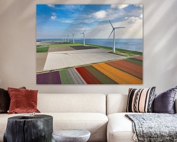 Tulips with wind turbines during springtime