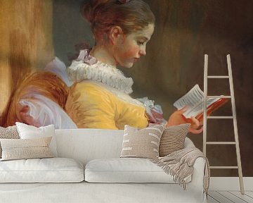 Lezend meisje, Jean-Honoré Fragonard met lamp van Digital Art Studio