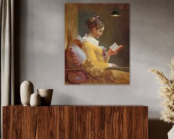 Lezend meisje, Jean-Honoré Fragonard met lamp van Digital Art Studio