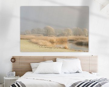 Frozen winter river landscape with frost on the reed and trees