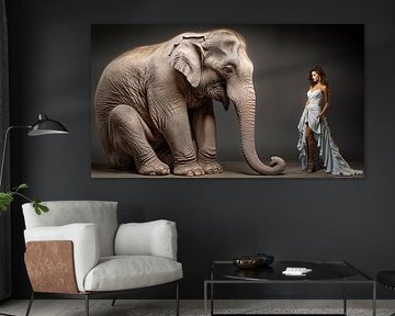 Vrouw staat voor een zittende olifant.