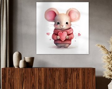 Cute little mouse with hearts in pink by Lauri Creates