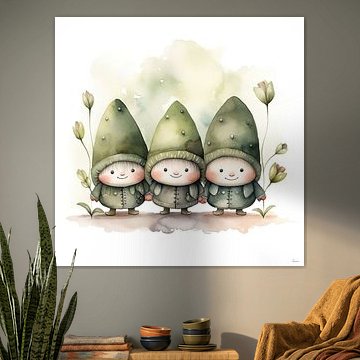 Three gnomes in shades of green