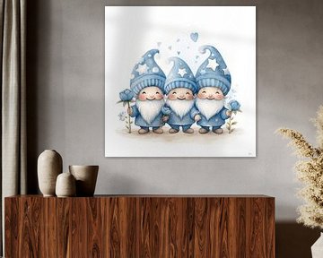 Trois gnomes joyeux en bleu sur Lauri Creates