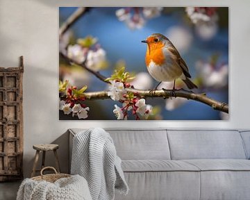 Robin on a flowering branch in spring by Animaflora PicsStock