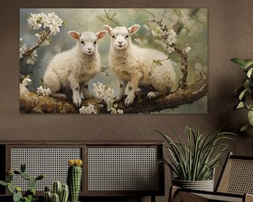Two cute lambs sitting on a blossoming apple tree in spring by Animaflora PicsStock