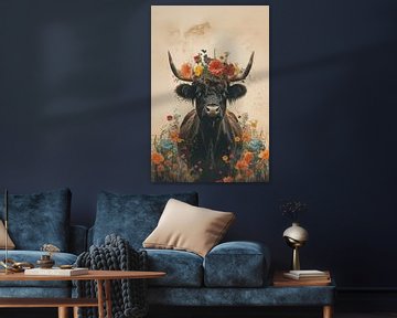 Bull in the Flower Oasis - Scottish highlander - dark by Eva Lee