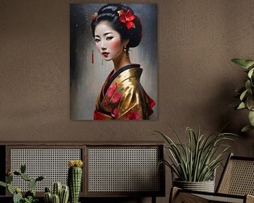 Een portret van de Japanse Geisha in gouden kimono van Jolique Arte