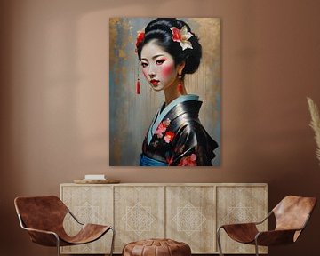 Een portret van de Japanse geisha in zwarte kimono van Jolique Arte