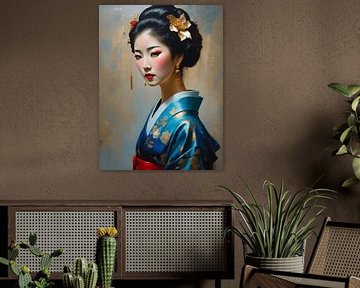 De blik van de Japanse Geisha in haar blauwe kimono van Jolique Arte